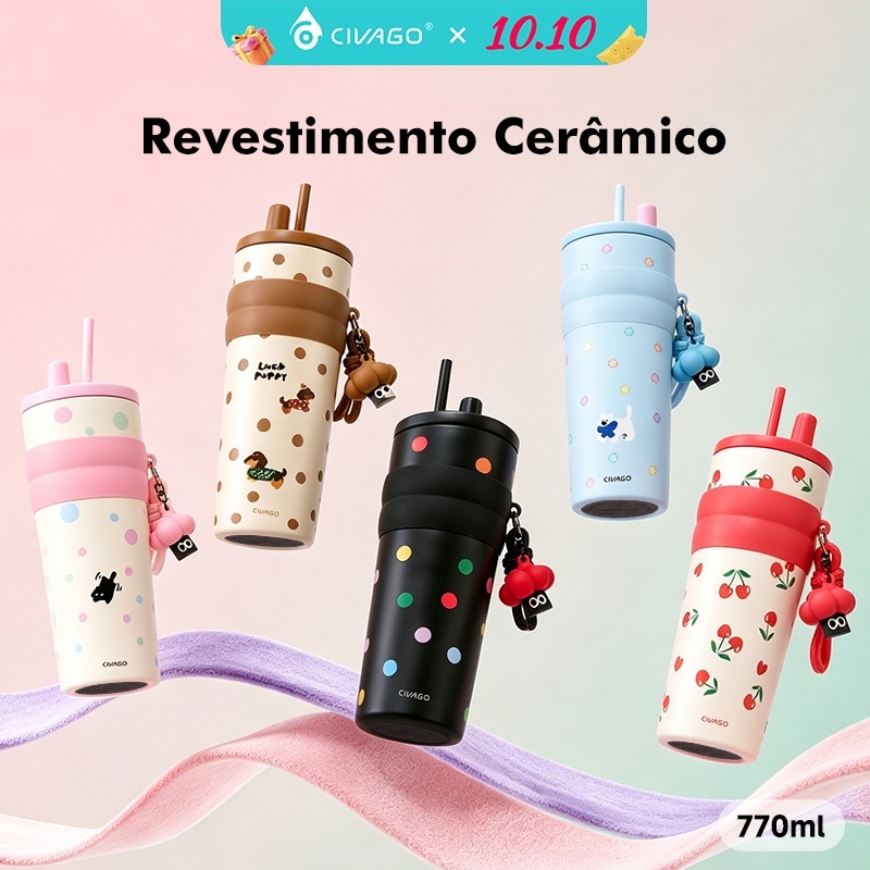 CIVAGO Fashion Garrafa Térmica Inox 770ml Revestimento Cerâmico com Canudo e Tampa Antivazamento Quente/Frio com Pingent