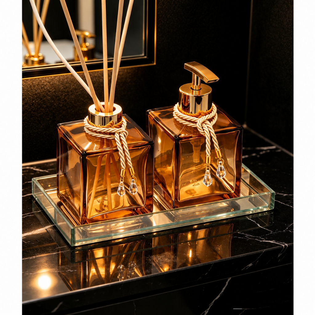 Kit Lavabo Luxo Dourado Bandeja Espelhada Para Banheiro