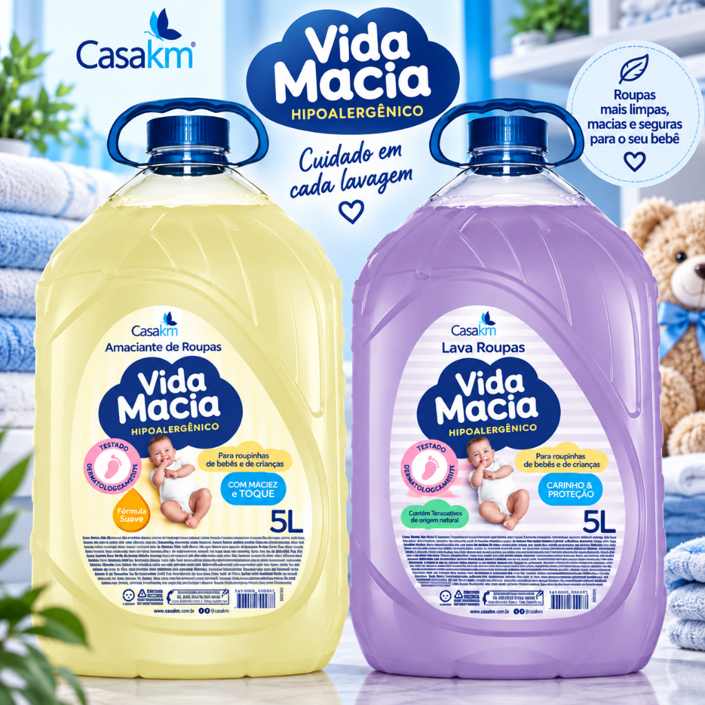 Kit Vida Macia Lava Roupas Líquido 5L + Amaciante Bebê Glicerina e Camomila 5L Hipoalergênico Casa KM 10L