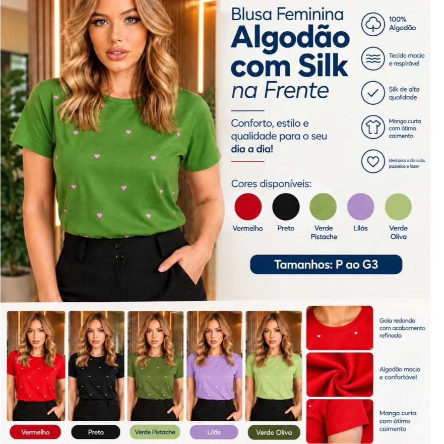 Blusa Feminina De Algodão Com Silk Na Frente