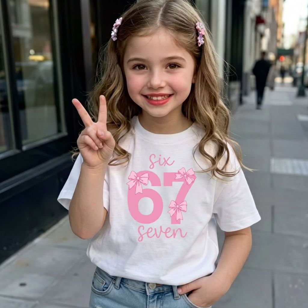 Camiseta Infantil Basica Numeros 67 Laços Estampa Divertida Pop Casual Menina Blusa Tamanho 2 Á 16