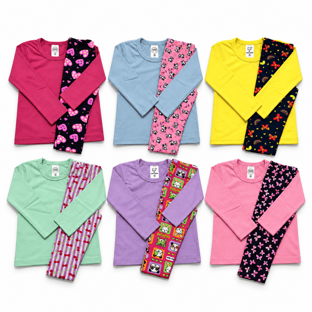 KIT Conjunto Infantil Feminino Meia Estação em Cotton Blusa Manga Longa + Legging Estampada 1 ao 10