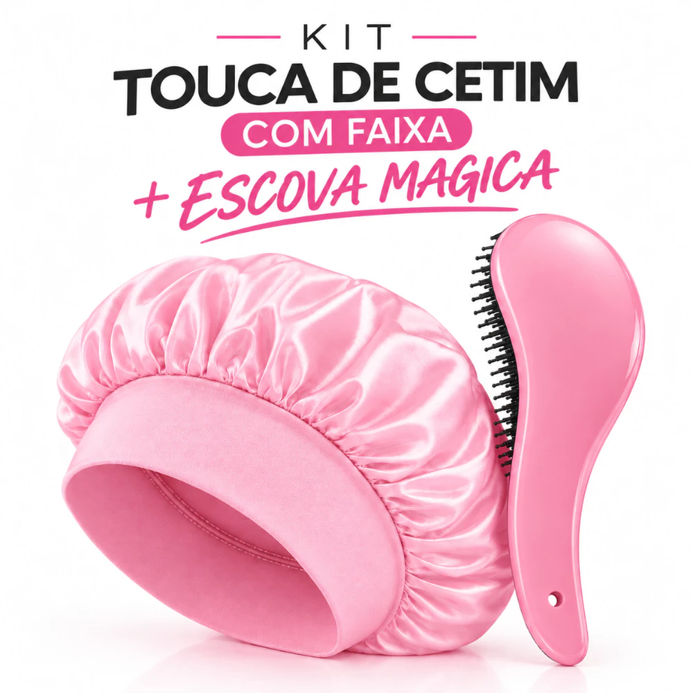 Kit Touca de Cetim com Faixa + Escova Mágica Anti Frizz Desembaraçadora Proteção Durante o sono