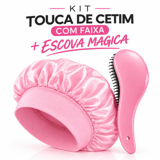 Kit Touca de Cetim com Faixa + Escova Mágica Anti Frizz Desembaraçadora Proteção Durante o sono