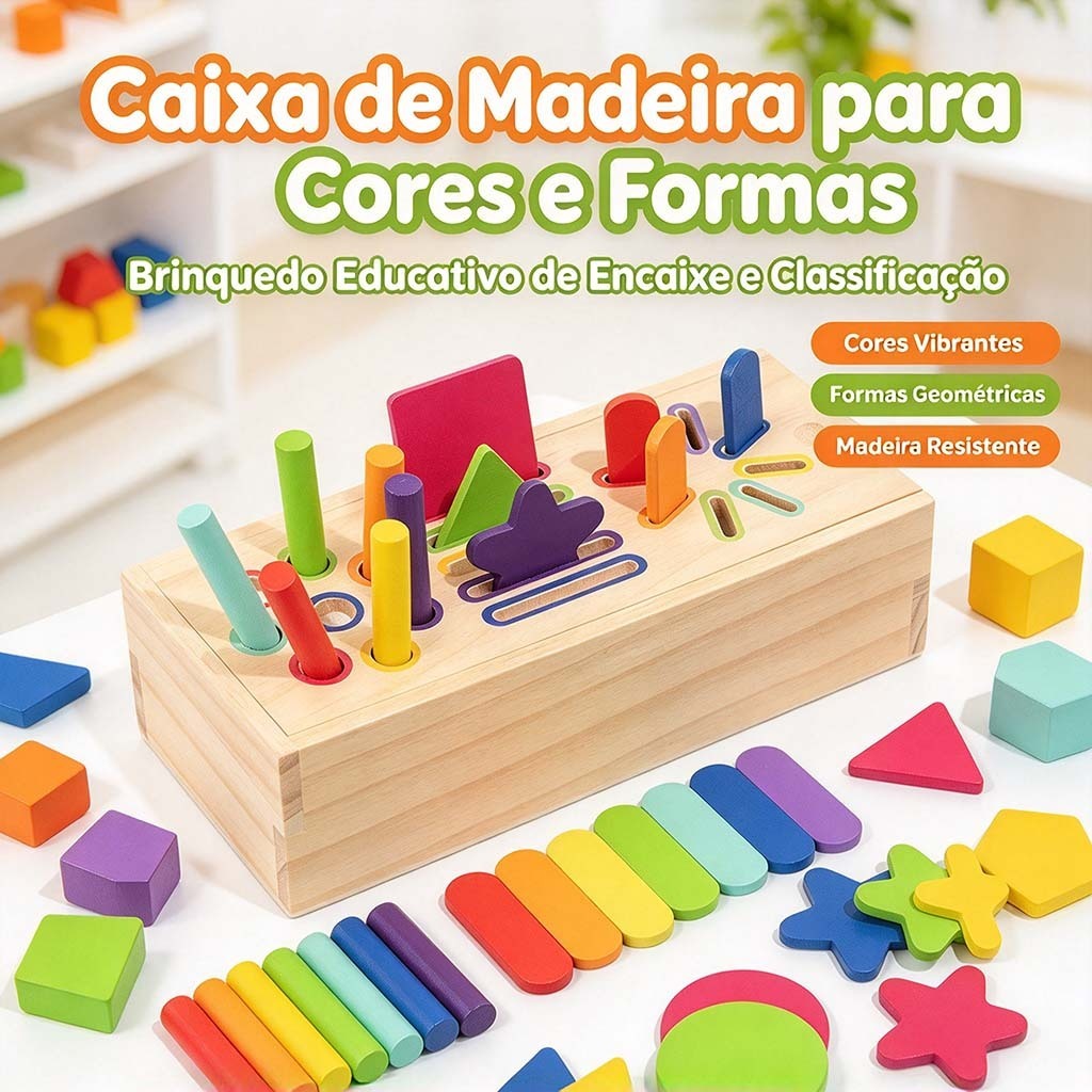 Brinquedo Montessori 3 em 1 Madeira Educativo Infantil Formas Geométricas Cores Classificação Coordenação Motora