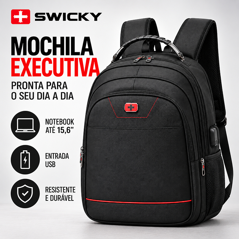 Mochila Executiva Masculina Swicky Notebook 15,6 Reforçada USB Trabalho Faculdade