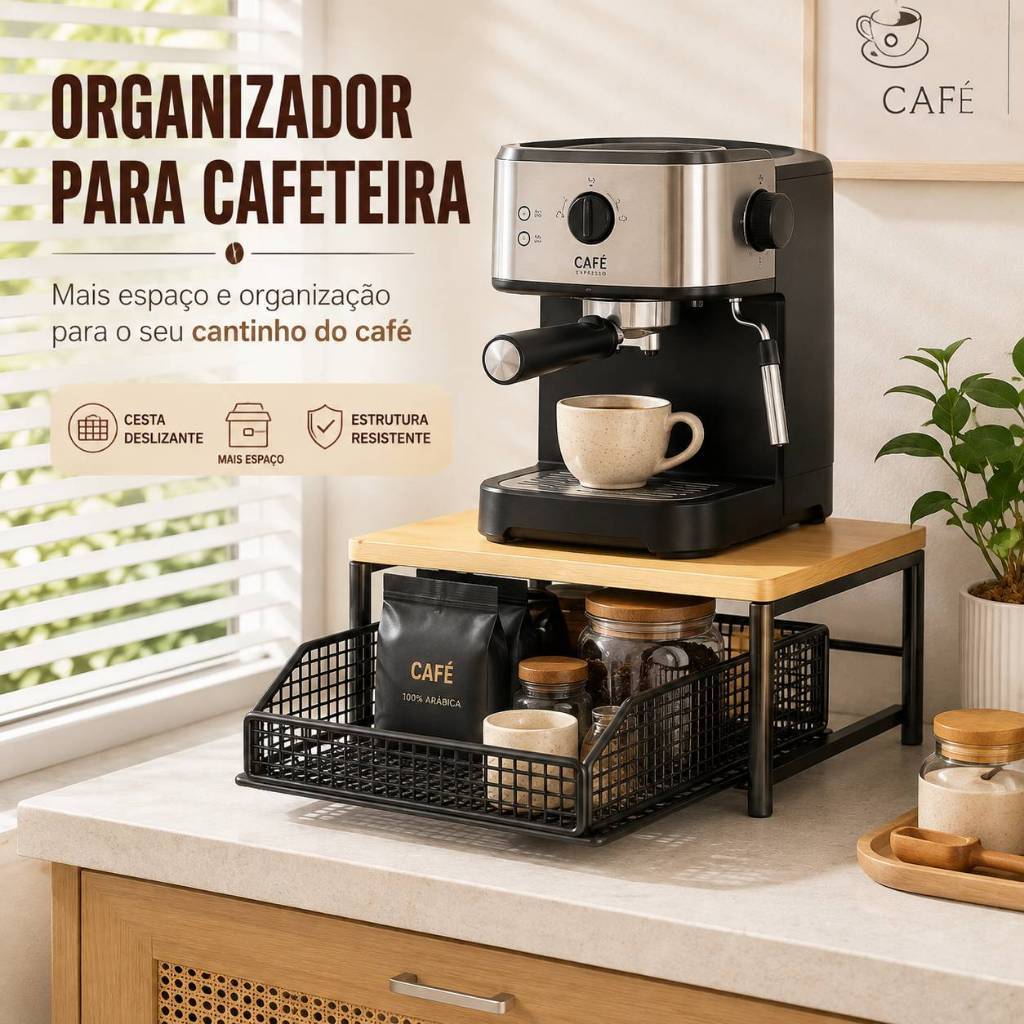 Organizador para Cafeteira 37x26x18cm Suporte com Gaveta Tampo de Madeira Estrutura Preta para Cápsulas Cozinha Cantinho