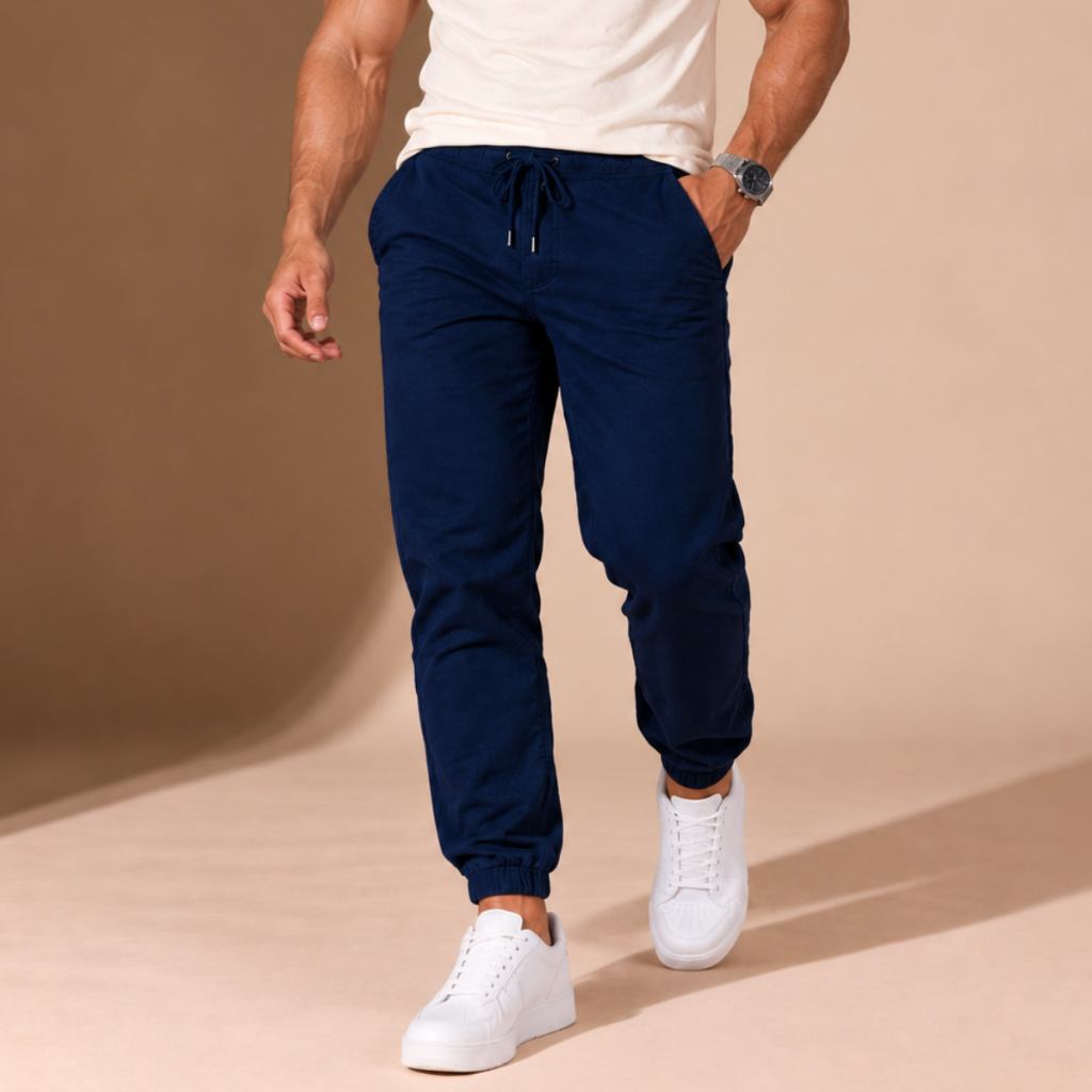 Calça Jogger Masculina Sarja Jeans 4 Bolsos Punho Elástico Cintura Ajustável Casual Streetwear Premium
