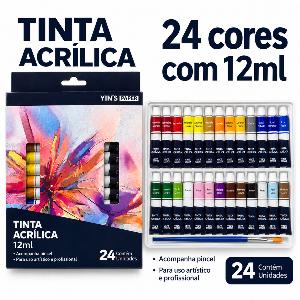 Kit 24 Tinta Acrílica Fosca Para Artesanato 12ml Bisnaga Estojo