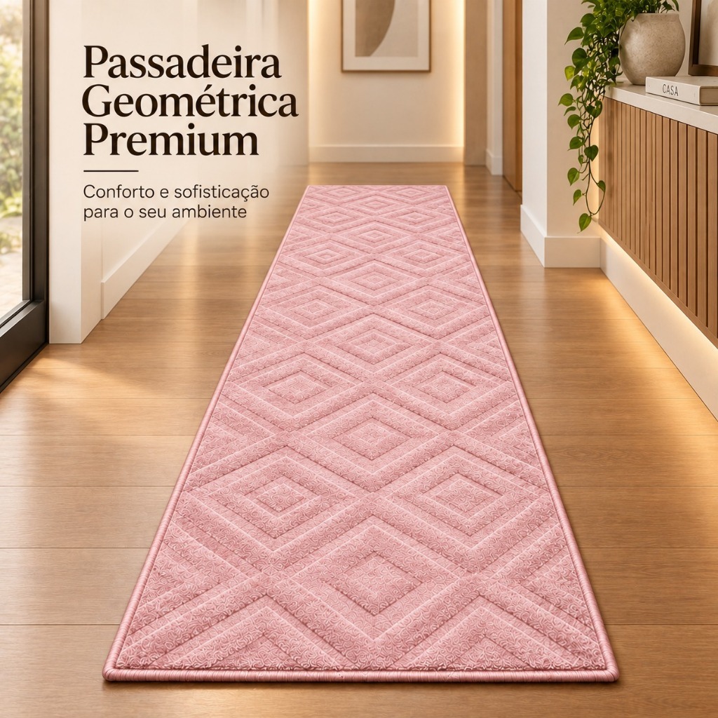 Tapete Passadeira Geométrica 2,00x0,60m Antiderrapante Macia Premium para Quarto Corredor Sala e Escritório Casa Moderna