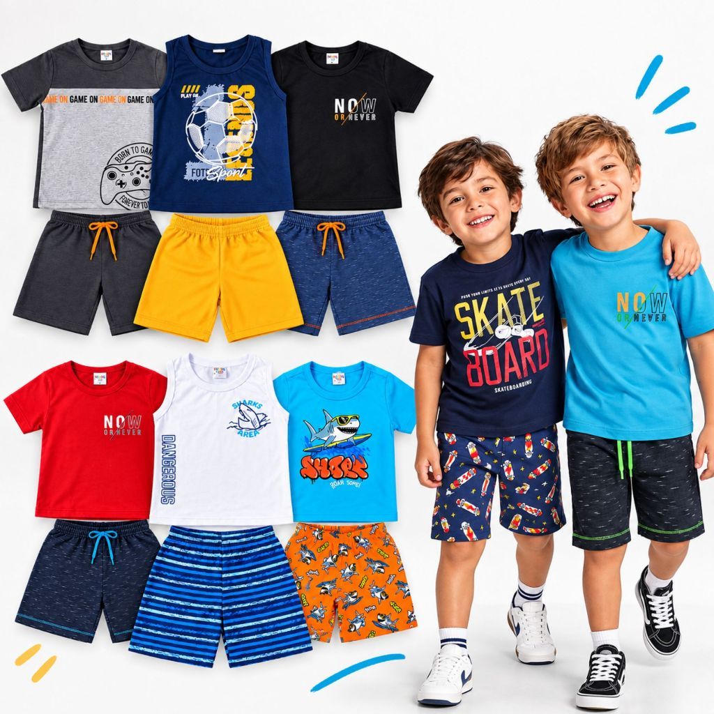 Kit 3 ou 5 Conjuntos de Verão Infantil Menino Camisetas + Bermudas Moletinho Estampas Sortidas 1 a 16 Anos