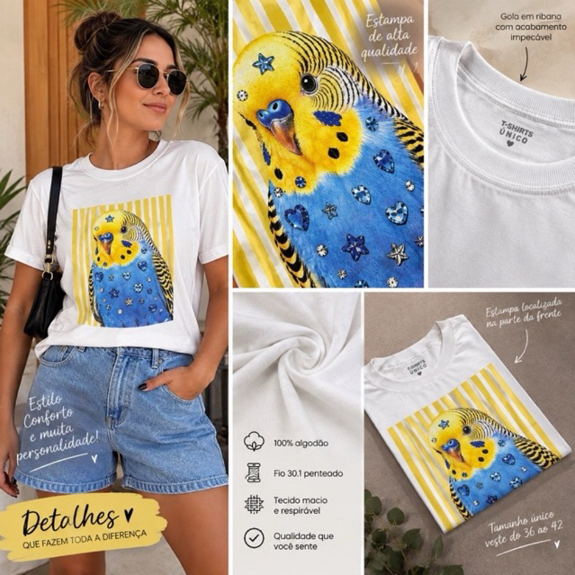 Tshirt Feminina Calopsita Periquito Estampada Branca 100% Algodão Fio 30.1 Camiseta Feminina Fashion Casual Trend