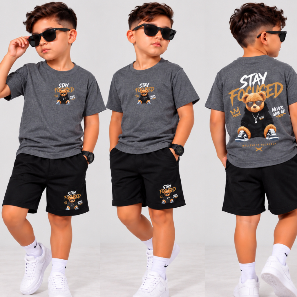 Conjunto Infantil Masculino Estiloso Camiseta Estampada Algodão e Short Moletinho 2 ao 14