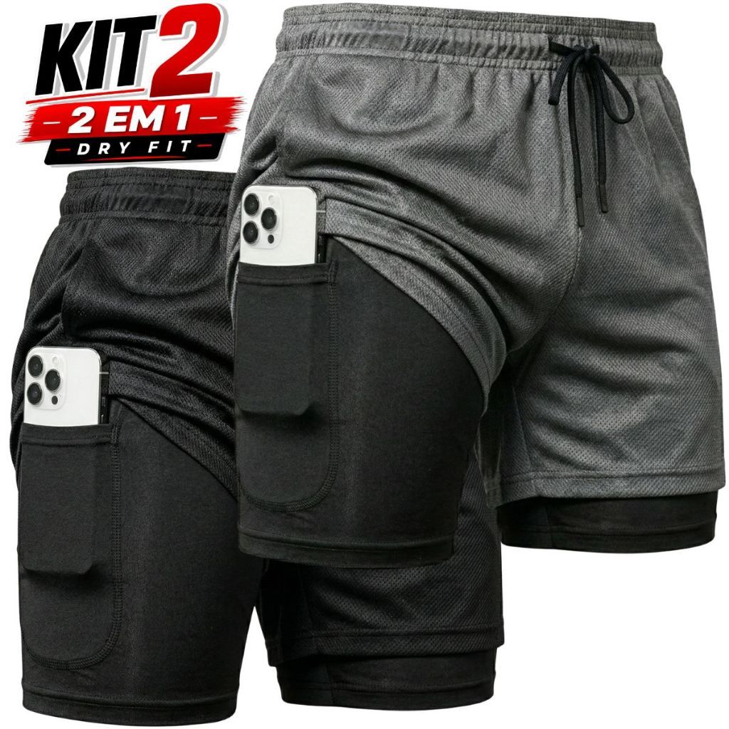KIT 2  Shorts 2 em 1 Masculino Dry Fit Academia Corrida Fitness Compressão Bolso Celular Musculação