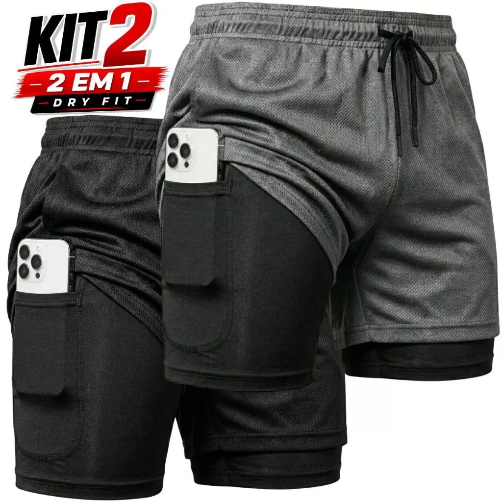 KIT 2 Shorts 2 em 1 Masculino Dry Fit Academia Corrida Fitness Compressão Bolso Celular Musculação — imagem 1