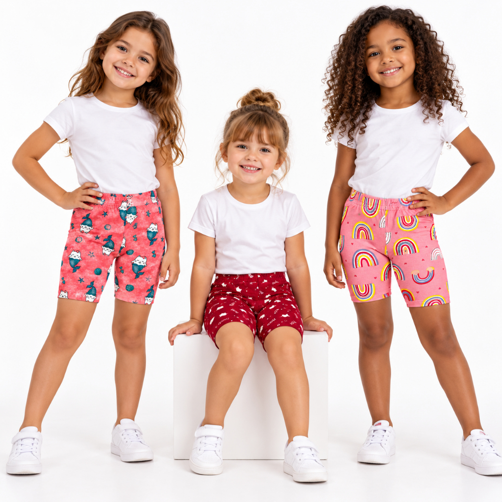 KIT 3 SHORTS INFANTIL COTTON MENINA, BERMUDA CICLISTA - TAMANHOS 1 AO 12
