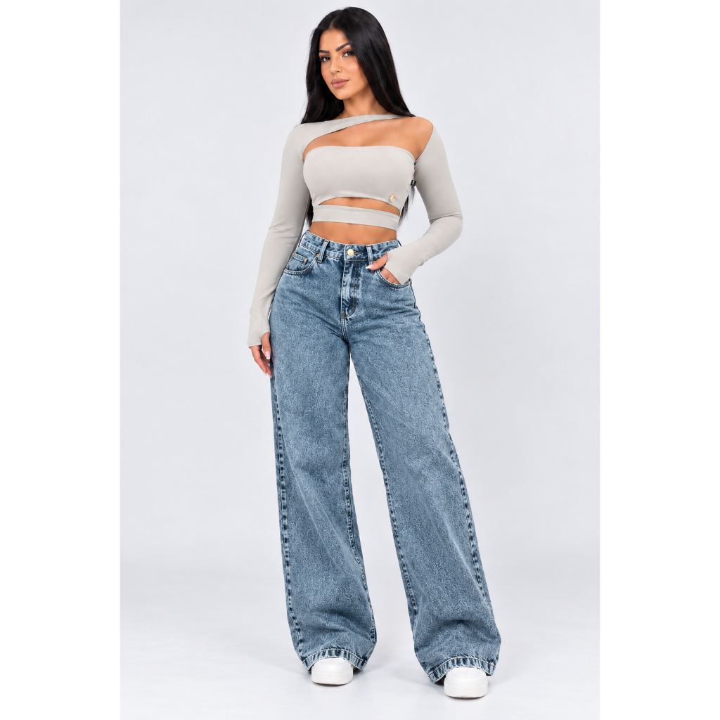 calça wid leg jeans feminina Cintura Alta Cós Alto Cinza Grafit Marmorizada