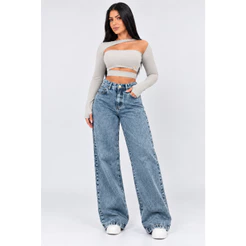 calça wid leg jeans feminina Cintura Alta Cós Alto Cinza Grafit Marmorizada