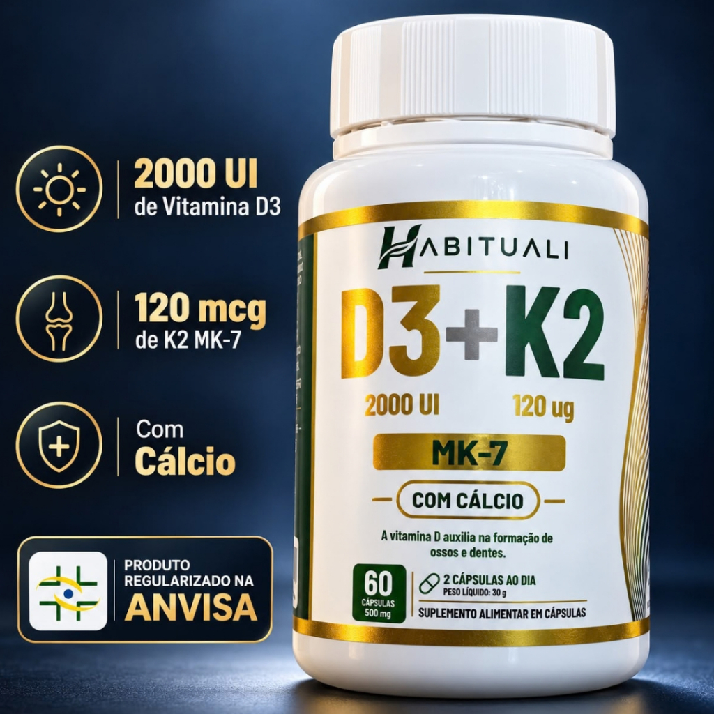 Vitamina D3 + K2 MK7 2000 UI + 120 mcg com Cálcio 60 Cápsulas - Habituali - Envio Imediato