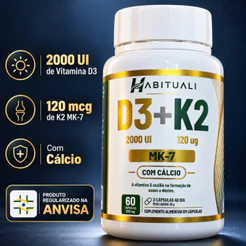Vitamina D3 + K2 MK7 2000 UI + 120 mcg com Cálcio 60 Cápsulas - Habituali - Envio Imediato