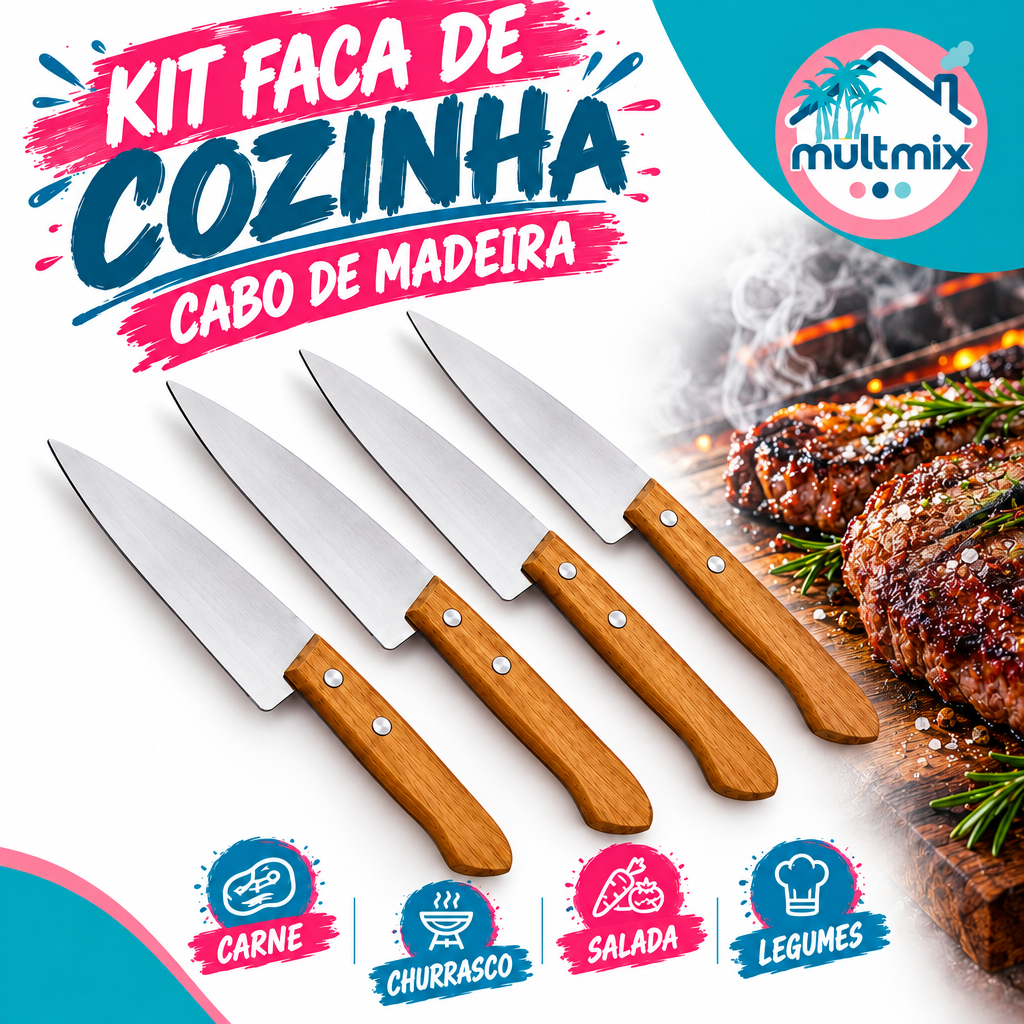 kit Faca de Cozinha Cabo de Madeira Carne Salada Legumes Churrasco