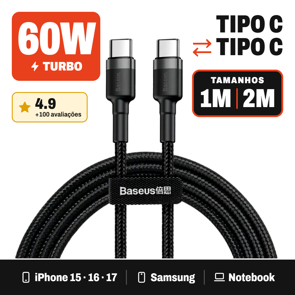 Cabo Baseus USB-C para USB-C 60W Turbo 1m Cafule Original Reforçado Nylon PD iPhone 15 16 17 18 Samsung Notebook