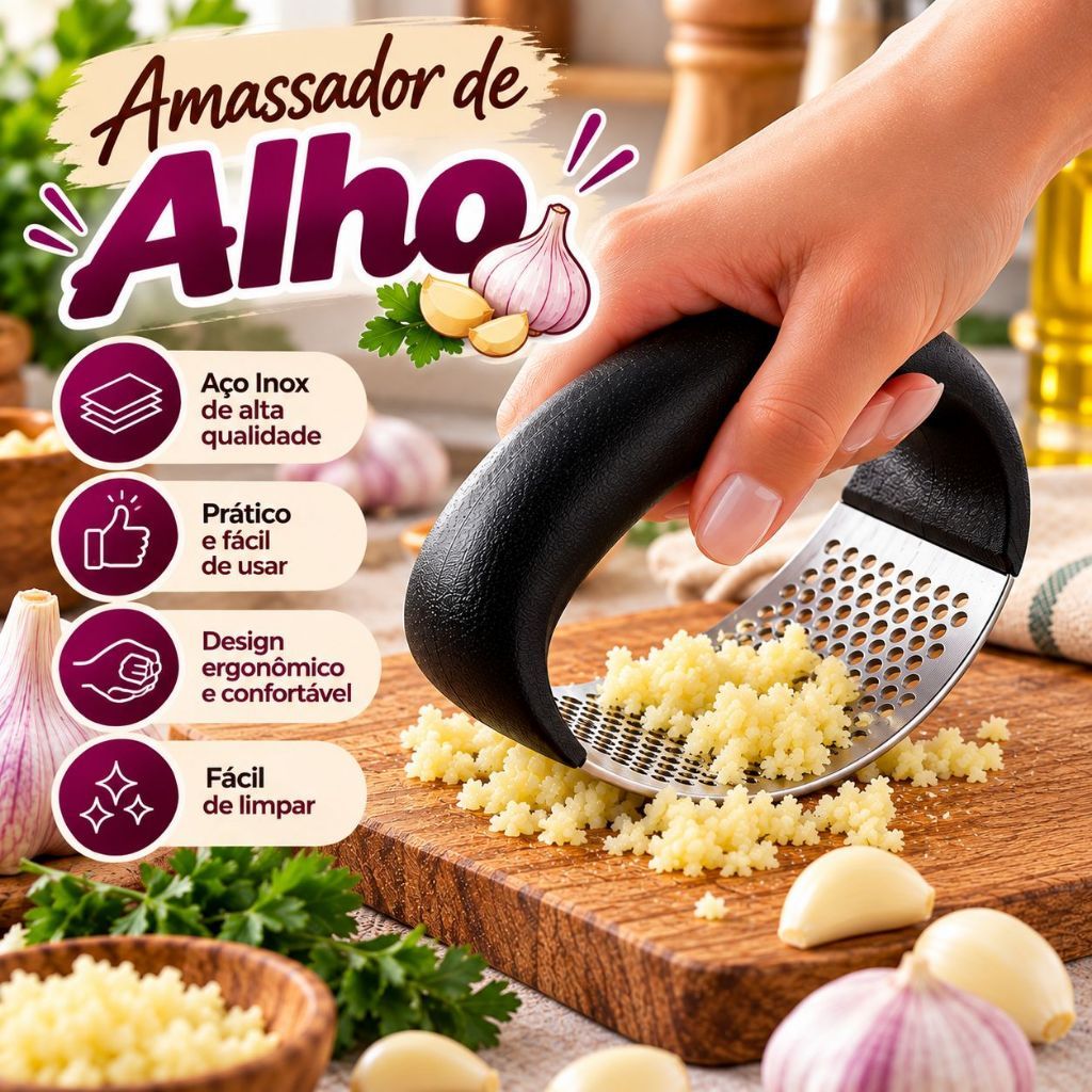 Espremedor Amassador de Alho Manual Triturador Prensa Ergonômica Aço Inox para Cozinha - SH