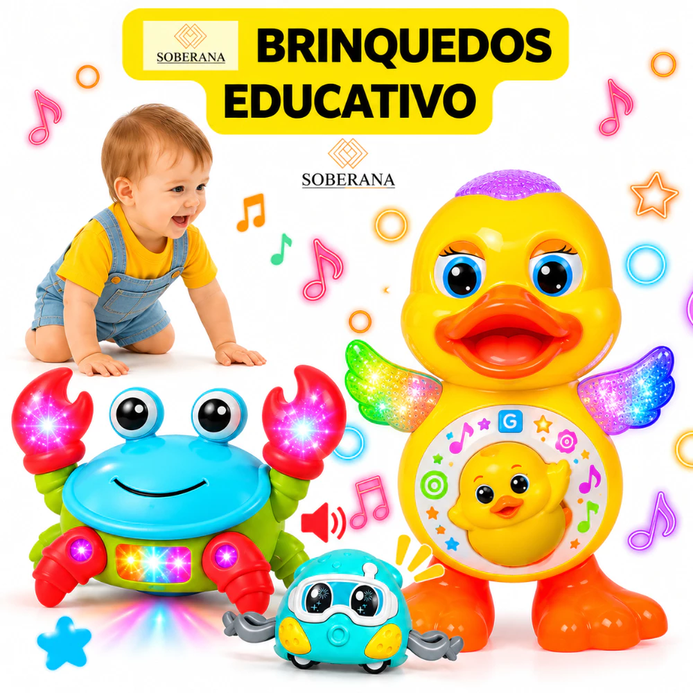 Caranguejo Fujão Pato Dançarino Patinho Brinquedo Musical Led Dança Anda Mexe com Som