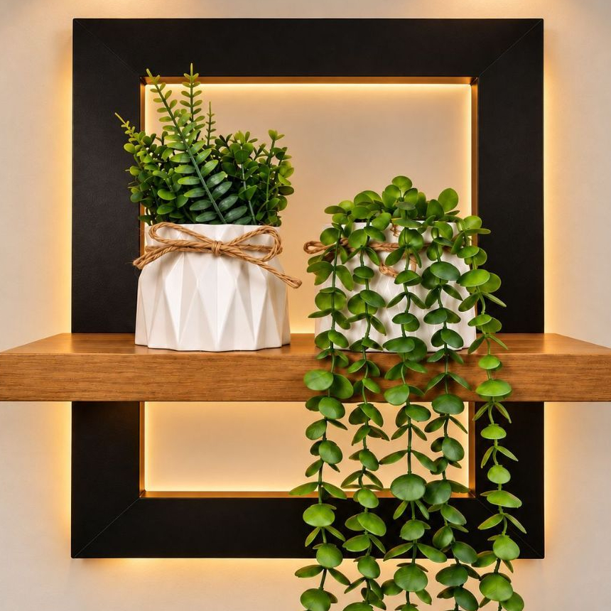 Kit 2 arranjos de flores artificiais Decorativas com Folhagens Artificiais: Eucalipto Pendente e Folhagem com Laço