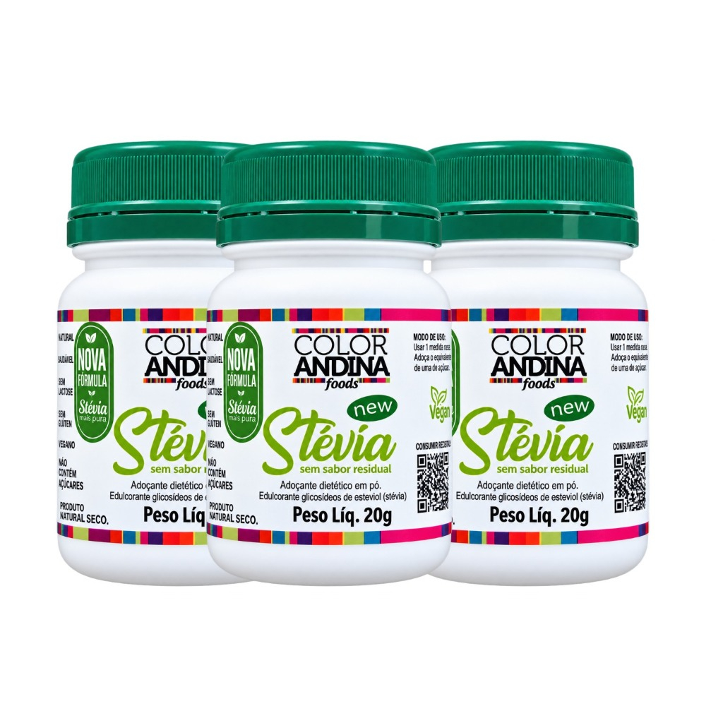 Adoçante dietético Stévia Color Andina Food, 3 potes 20g