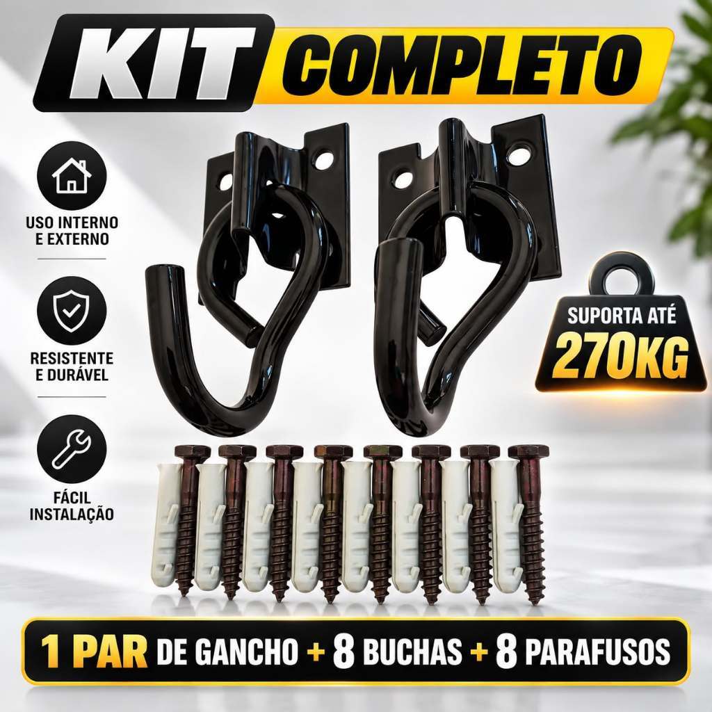 GANCHO DE REDE BLACK/PRETO KIT COMPLETO 8 BUCHAS E 8 PARAFUSOS