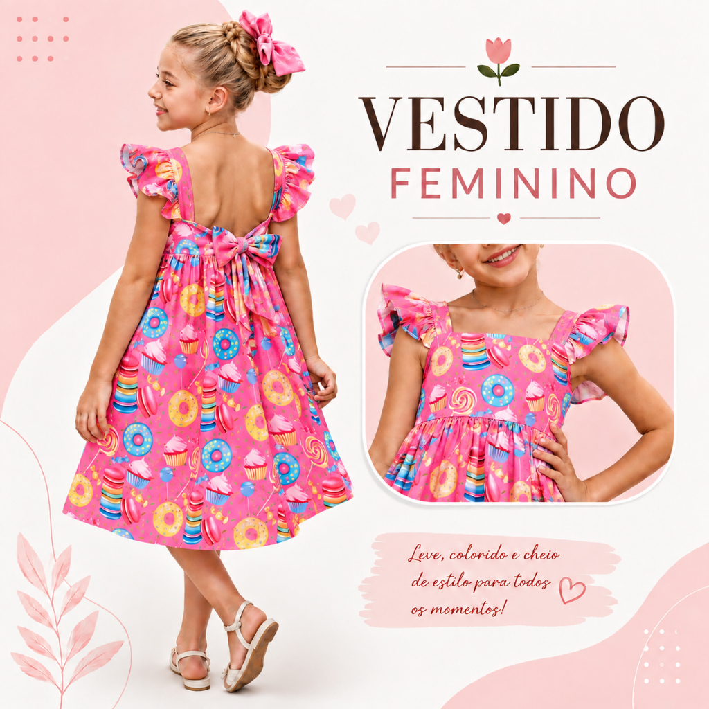 Vestido Infantil Menina Estampado Doces Rosa com Babado Manga e Laço nas Costas – Roupa Feminina Infantil Festa Aniversá