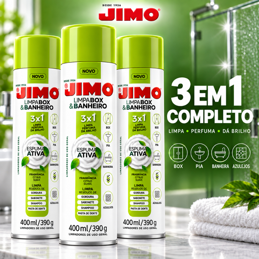 Limpa Box Jimo 400ml Spray - Limpeza 3 em 1 Box Banheiro - Perfuma e Dá Brilho Sem Esforço