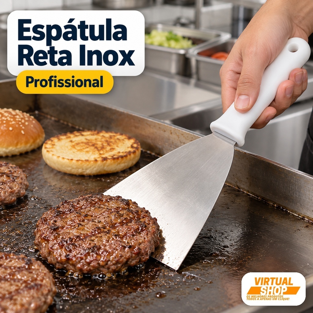 Espátula Reta para Cozinhar Aço Inox Profissional com Cabo de Plástico