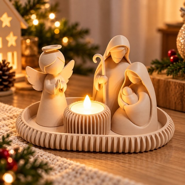 Presépio de Natal Minimalista Decorativo com Bandeja e Vela de LED