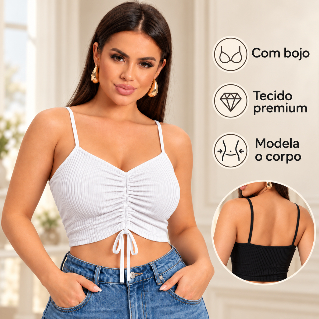 Cropped Feminino Canelado com Bojo Amarração Ajustável Alcinha Blusa Regata Feminina Blusinha Premium