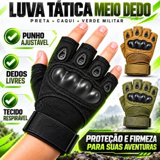 Luva Tática Meio Dedo Premium Reforçada Antiderrapante para Moto Academia Airsoft  Pesca Ciclismo Fitnes