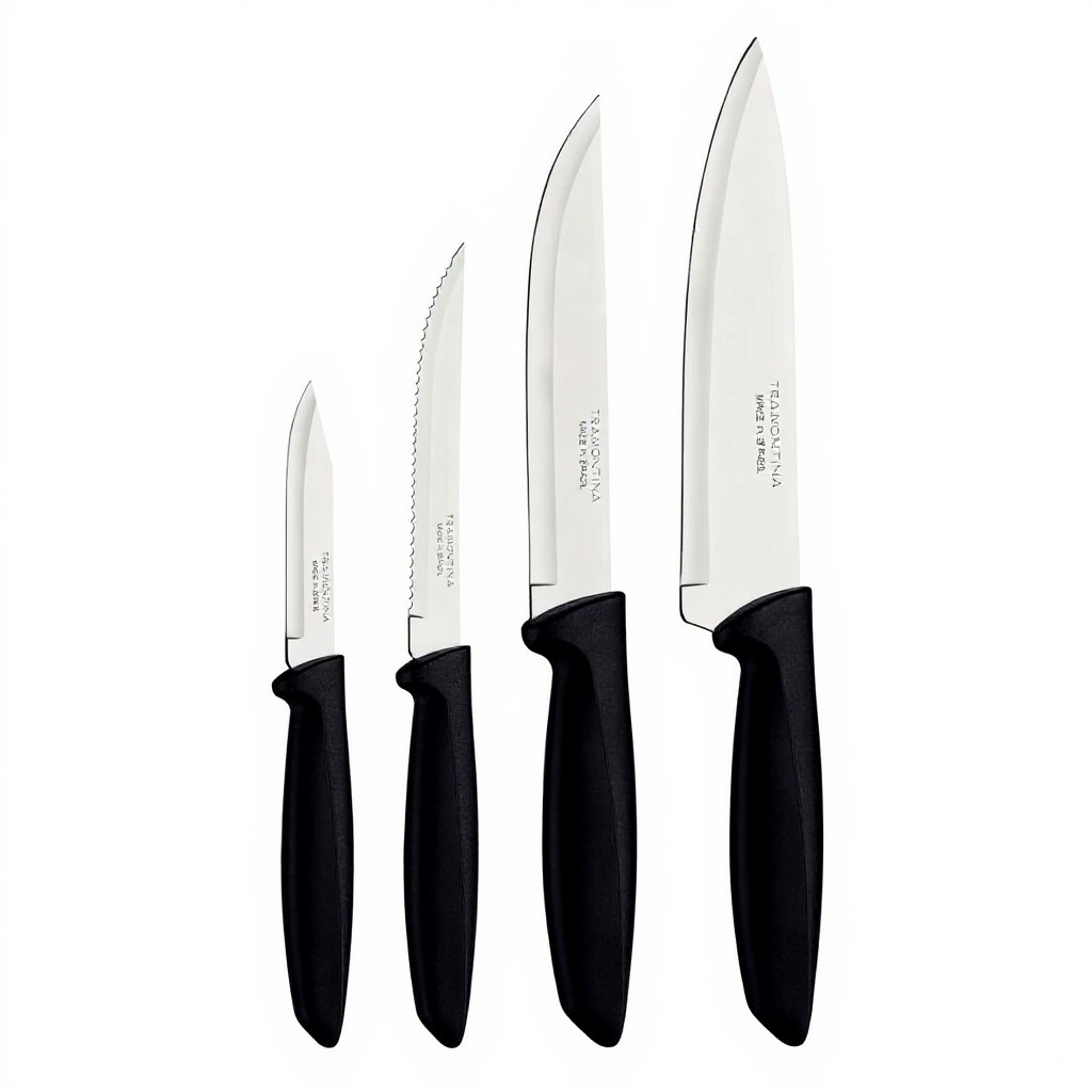 Jogo de Facas Tramontina Plenus Preto 4 Peças Original Aço Inox Faca Chef Churrasco Legumes Cozinha Cabo Polipropileno