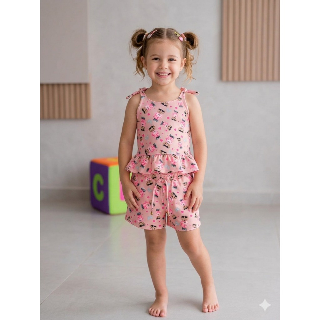 Kit 2 Conjuntos Infantis Sortidos Estampados Menina Cojuntinho Feminino de Alça Verao Varias Estampas
