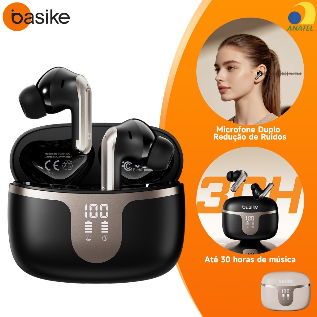 Basike one de Ouvido Bluetooth versão Bluetooth 6.0, som estéreo com graves potentes, cancelamento de ruído, display LED
