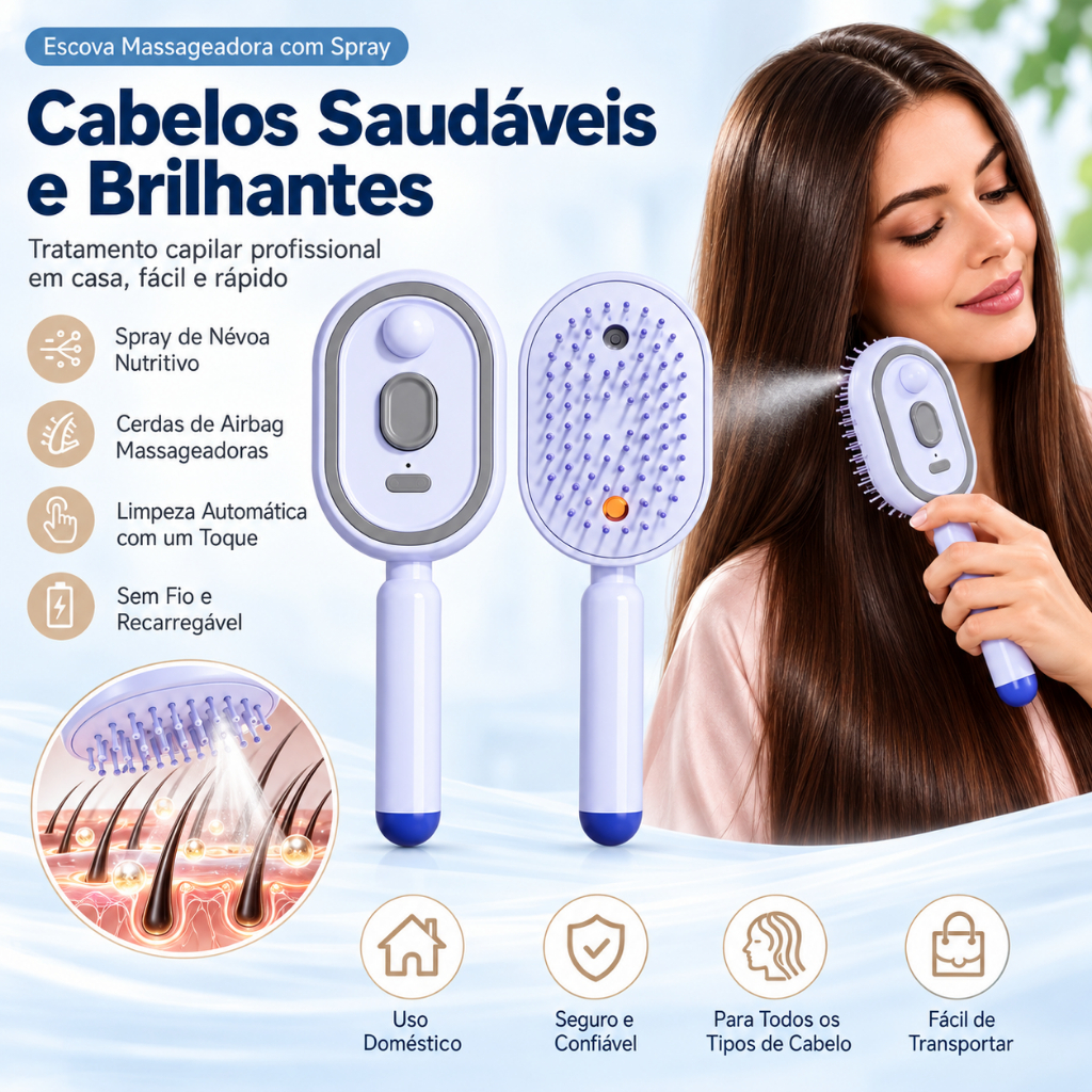 Escova Alisadora Elétrica a Vapor 3 em 1 Recarregável com Spray Desembaraçador