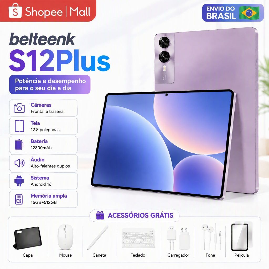 Tablet belteenk S12Plus Combo com Teclado e Mouse -12.8"inch 16GB+512GB Android16 com 12800mAh Ideal para Estudos e Jogo