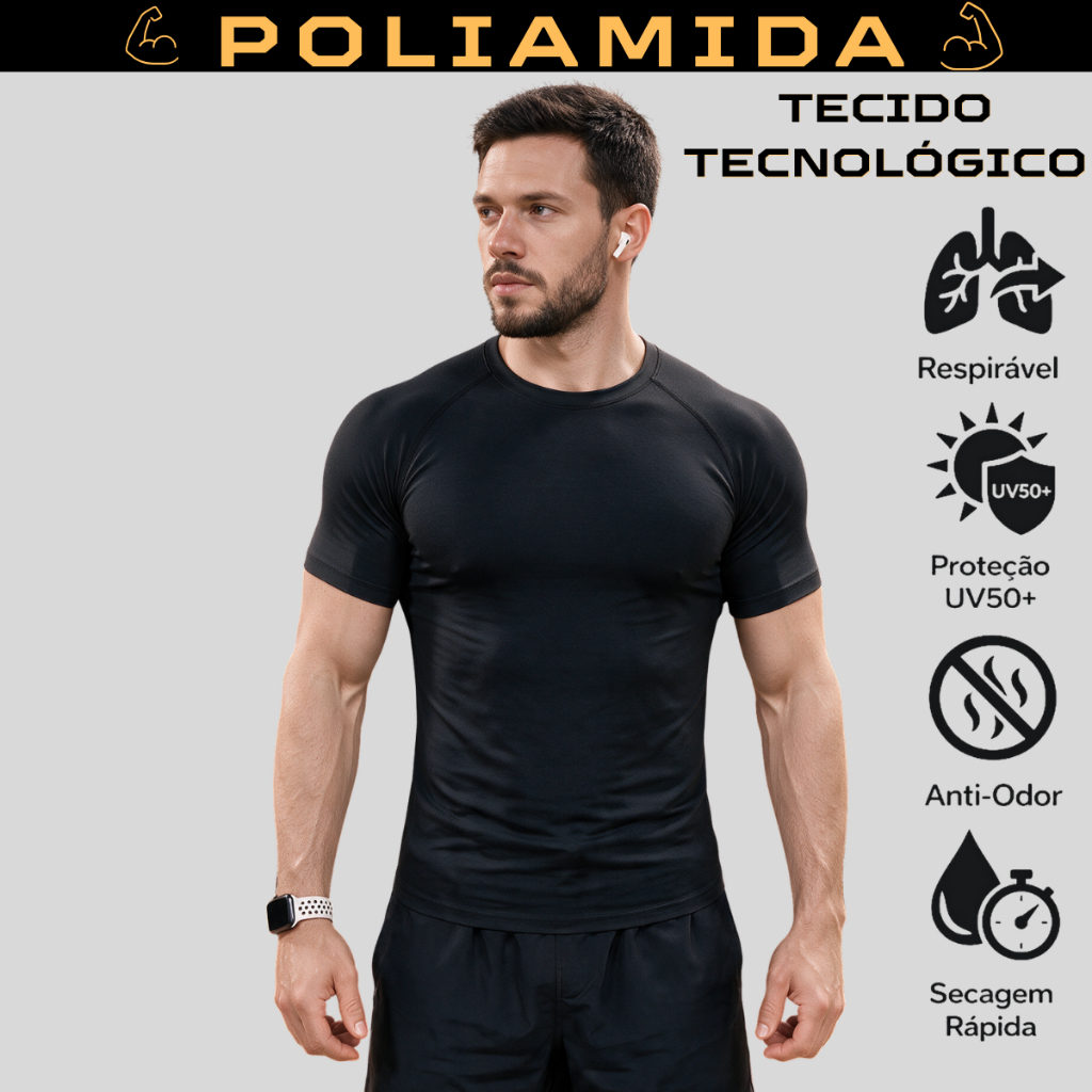 Camiseta Poliamida Tech Masculina Compressão Manga Curta Anti Odor Academia Rash Guard Raglan