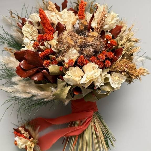 Buquê de noiva flores Secas\Desidratadas descontruido Terracota boho + Lapela + grinalda+ arremesso