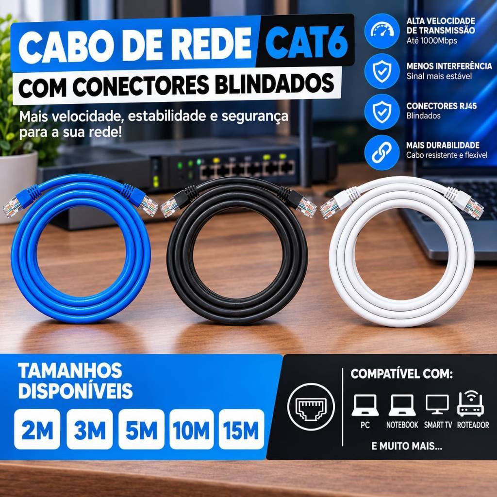 Cabo de Rede Cat6 Blindado Crimpado Azul Preto Branco 2m 3m 5m 10m 15m