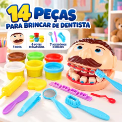 Kit Massinha Dentista Infantil 14 Peças Massa de Modelar Dentes Brinquedo Educativo com Acessórios