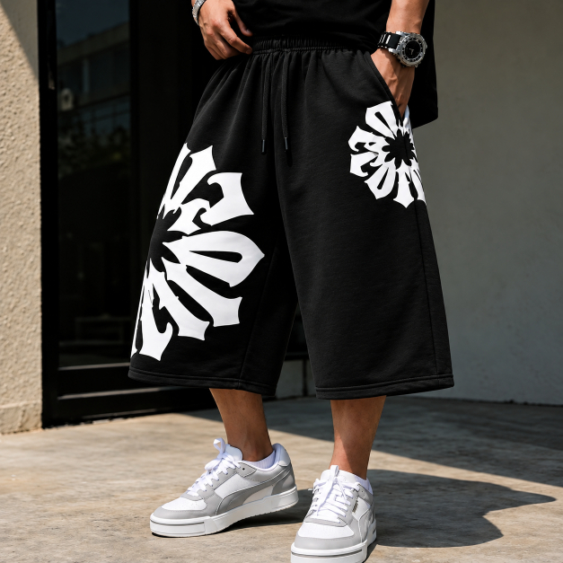 Bermuda Baggy Masculina Moletom Oversized Streetwear Estampada Gótica Larga