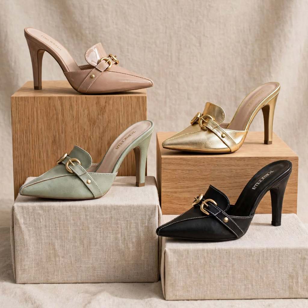 Sapato Scarpin Mule Feminino Bico Fino Salto Alto Fino 9cm Fivelas Douradas Napa Preto Ouro Light Verde Rose Calce Facil