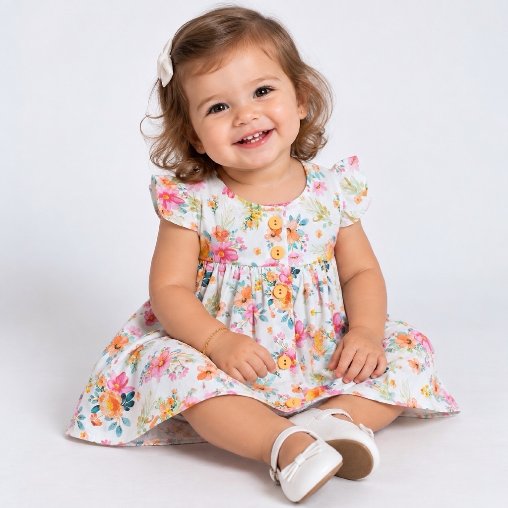 Vestido de Bebê Floral Laranja 100% Algodão Mundo Nina Ensaios Fotográficos Eventos — imagem 2 de 2