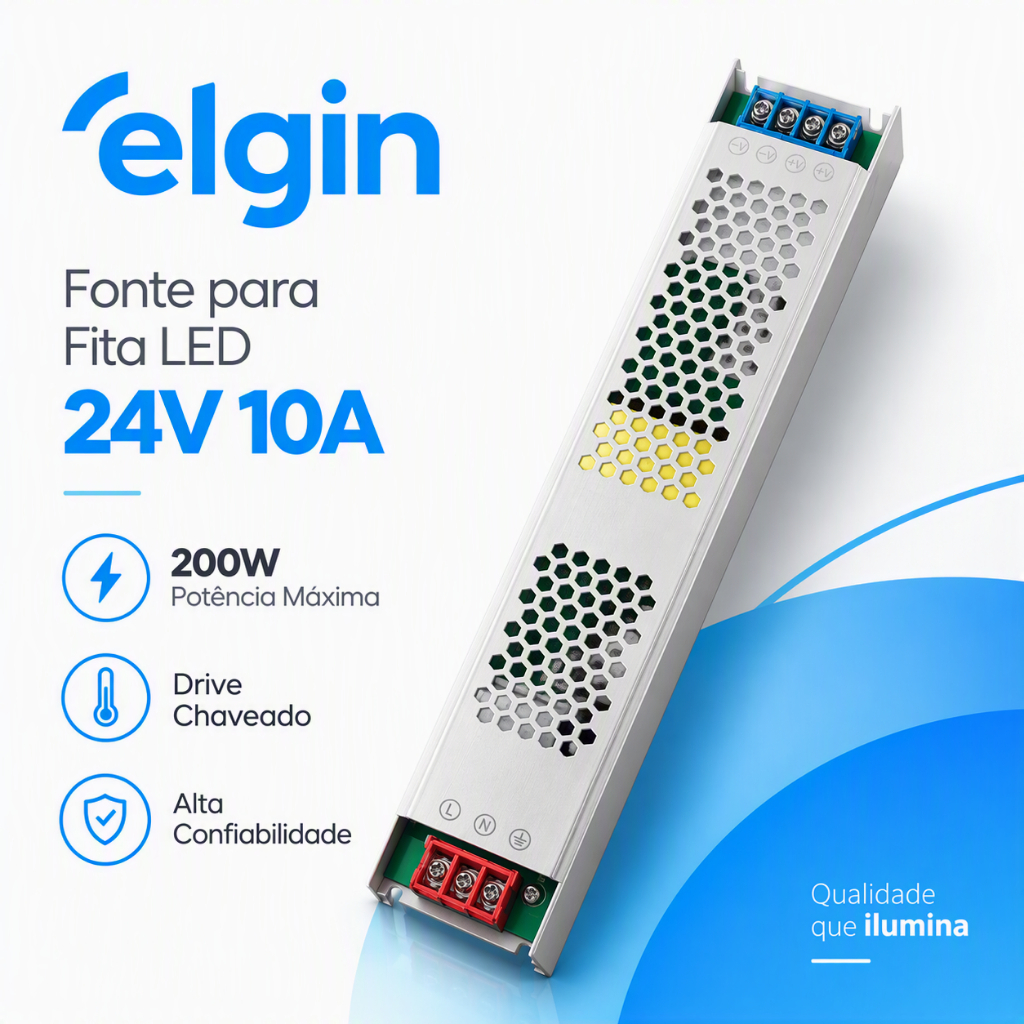 Fonte para Fita Led Elgin 24V 10A - Potência Máxima 200W - Driver Chaveado